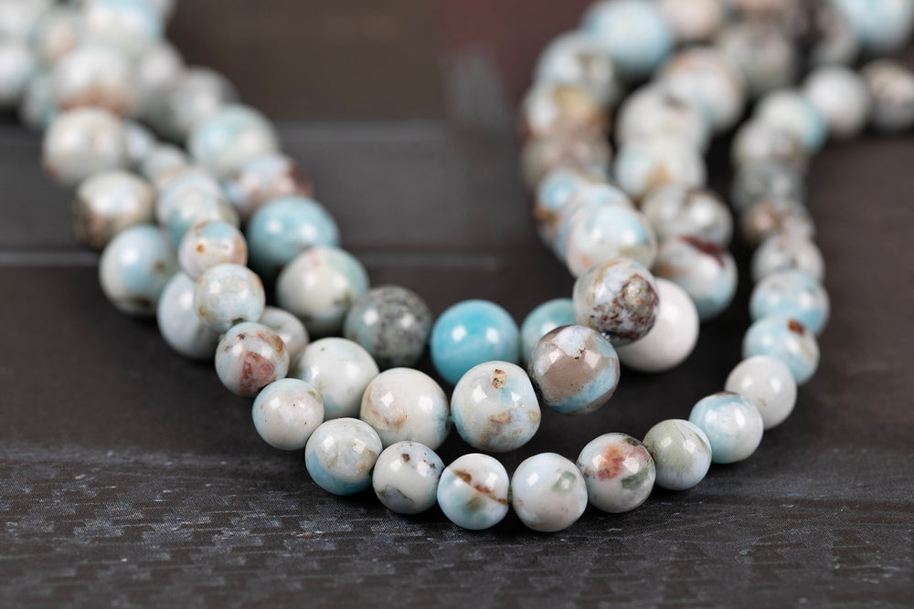 Larimar sizes and cuts: 3mm to 12mm rounds, rondelles, heishi and nuggets