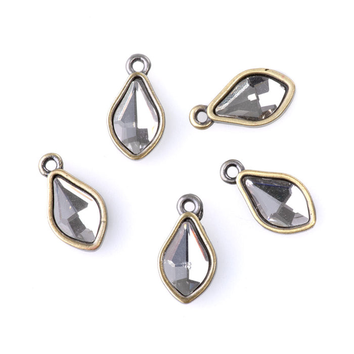 15mm Flame Drop Charms with Crystal - Antique Brass Plated - 5 Pack