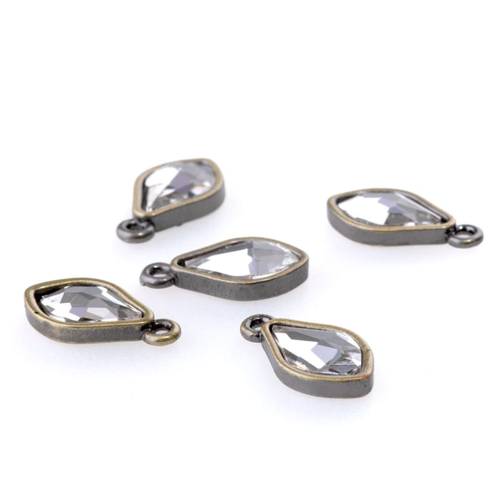 15mm Flame Drop Charms with Crystal - Antique Brass Plated - 5 Pack