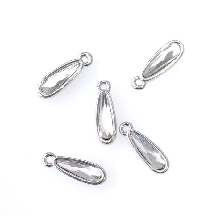 15mm Raindrop Charms with Crystal - Rhodium Plated - 5 Pack