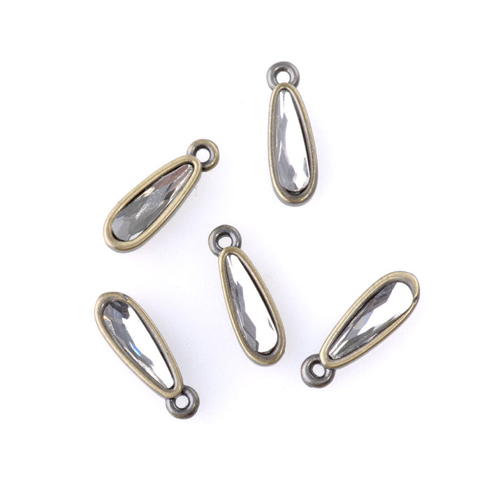 15mm Raindrop Charms with Crystal - Antique Brass Plated - 5 Pack