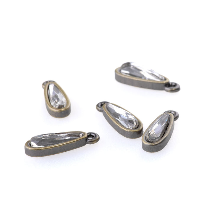 15mm Raindrop Charms with Crystal - Antique Brass Plated - 5 Pack