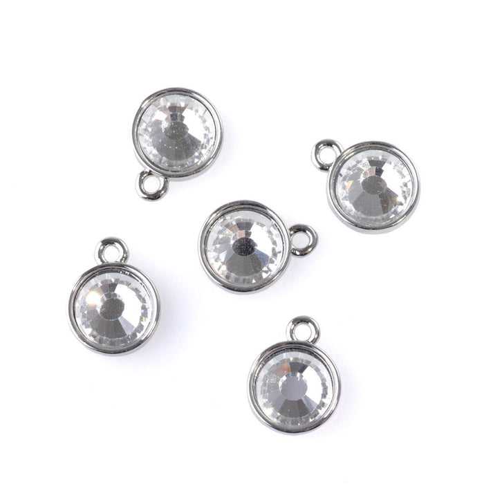 13mm Round Drop Charms with Crystal - Rhodium Plated - 5 Pack