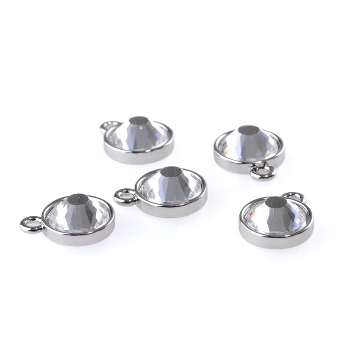 13mm Round Drop Charms with Crystal - Rhodium Plated - 5 Pack