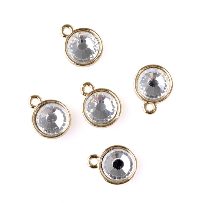 13mm Round Drop Charms with Crystal - Gold Plated - 5 Pack