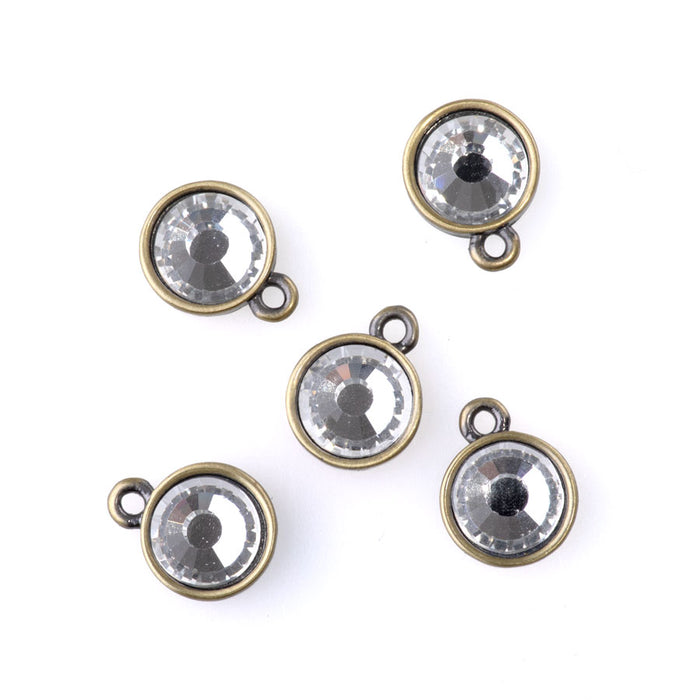 13mm Round Drop Charms with Crystal - Antique Brass Plated - 5 Pack