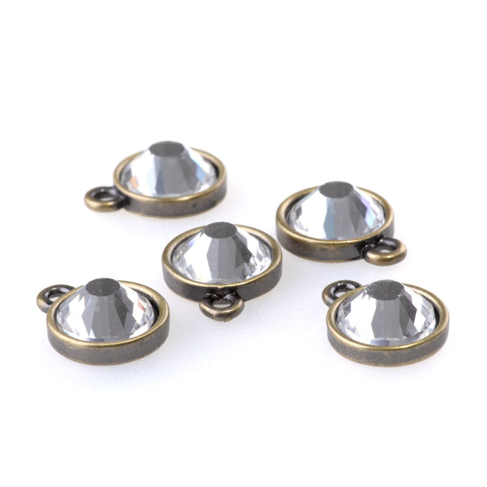 13mm Round Drop Charms with Crystal - Antique Brass Plated - 5 Pack