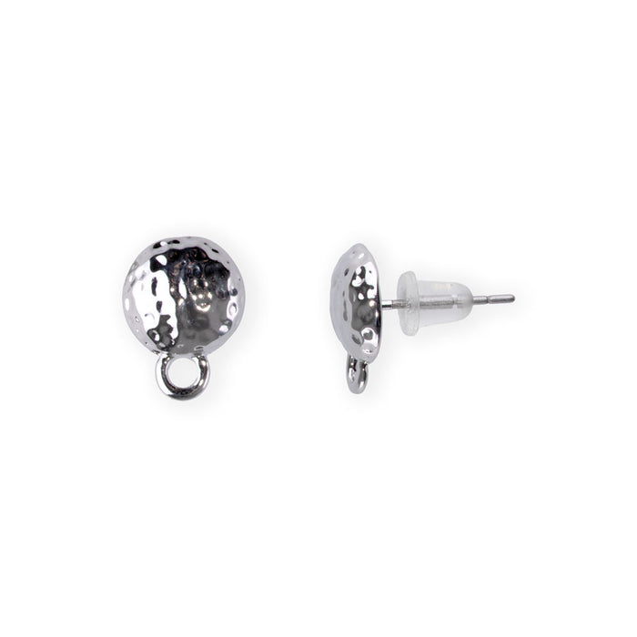 12mm Hammertone Post Earrings with Loop - Rhodium Plated - 1 Pair