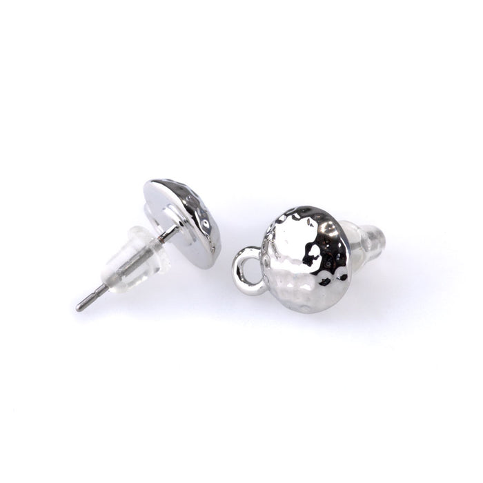 12mm Hammertone Post Earrings with Loop - Rhodium Plated - 1 Pair