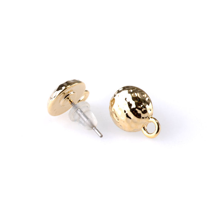 12mm Hammertone Post Earrings with Loop - Gold Plated - 1 Pair