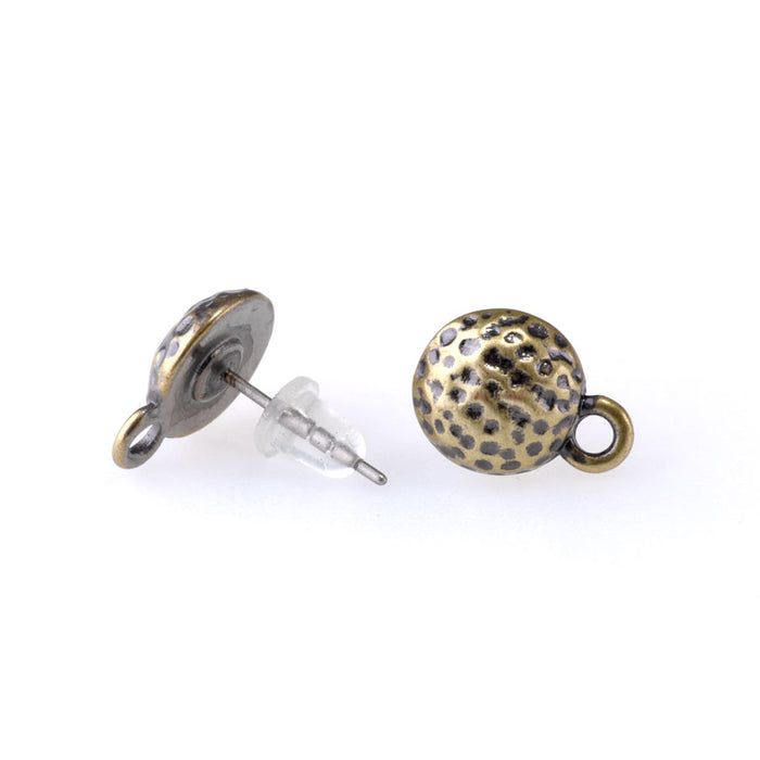 12mm Hammertone Post Earrings with Loop - Antique Brass Plated - 1 Pair