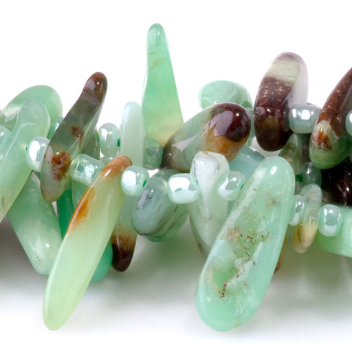 This is a Dakota Stones 5x10-20mm Australian Chrysoprase Top Drill Teeth Gemstone strand of round beads in 15-16 inch strand.