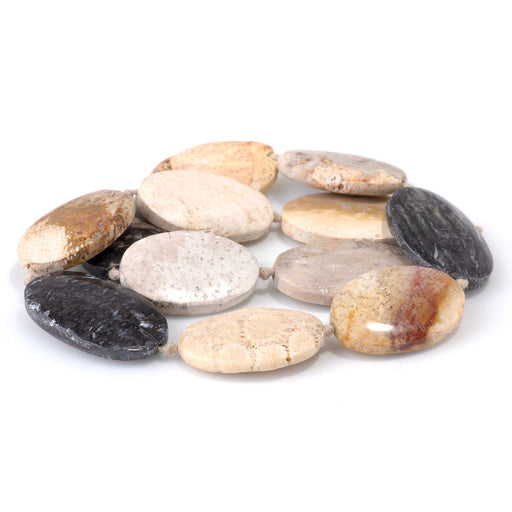 This is a Dakota Stones 18x25-22x30mm Petrified Palm Root Marquise Gemstone strand of round beads in 15-16 inch strand.