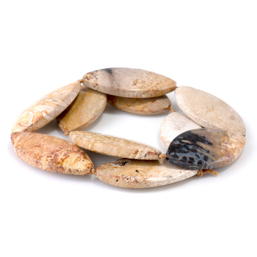 This is a Dakota Stones 18x30-25x40mm Petrified Palm Root Marquise Gemstone strand of round beads in 15-16 inch strand.
