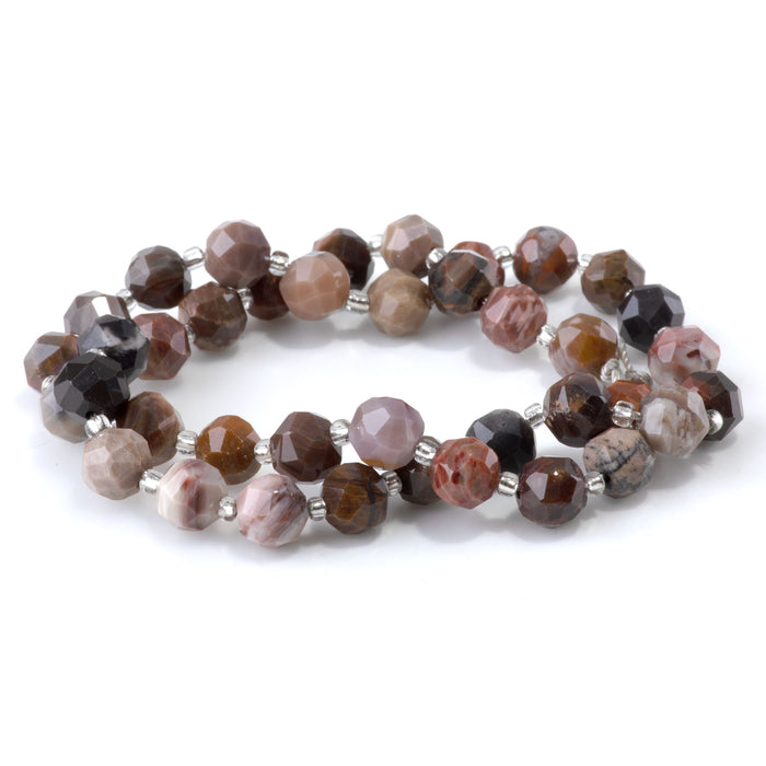 African Petrified Wood Agate 7x8mm Faceted Round Nugget - 15-16 Inch