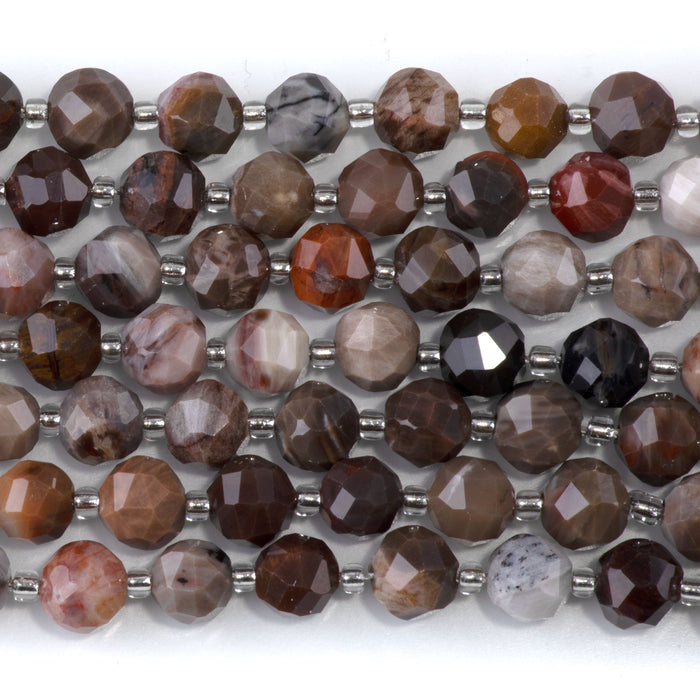 African Petrified Wood Agate 7x8mm Faceted Round Nugget - 15-16 Inch