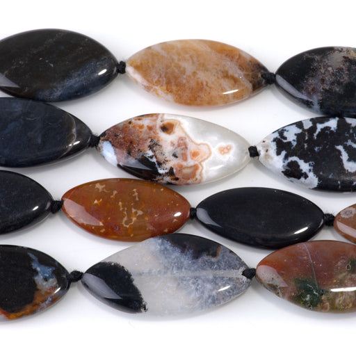 This is a Dakota Stones 13x26-15x30mm Kentucky Agate Marquise Gemstone strand of round beads in 15-16 inch strand.