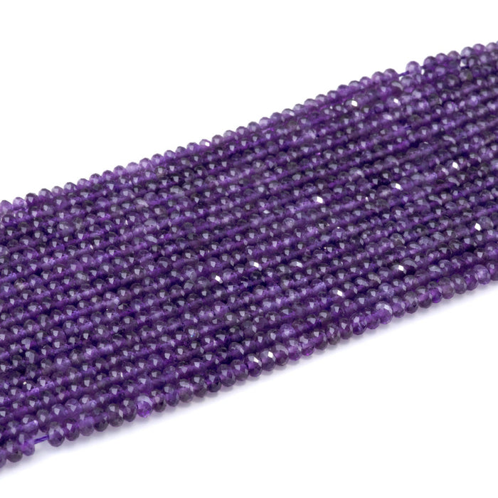 This is a Dakota Stones 2x4mm Amethyst Gemstone strand with A grade faceted rondelle beads in 15-16 inch strand.