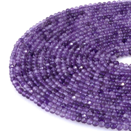 This is a Dakota Stones 3mm Amethyst Gemstone strand with A grade faceted round beads in 15-16 inch strand.