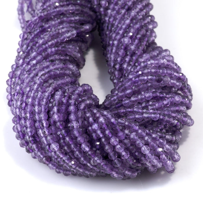 This is a Dakota Stones 3mm Amethyst Gemstone strand with A grade faceted round beads in 15-16 inch strand.