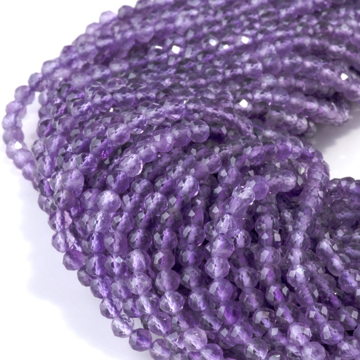 This is a Dakota Stones 3mm Amethyst Gemstone strand with A grade faceted round beads in 15-16 inch strand.