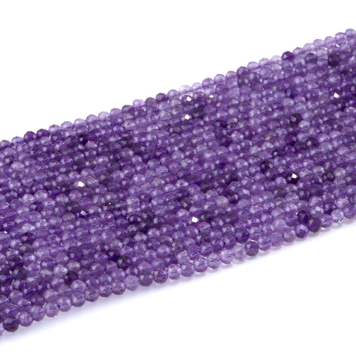 This is a Dakota Stones 3mm Amethyst Gemstone strand with A grade faceted round beads in 15-16 inch strand.
