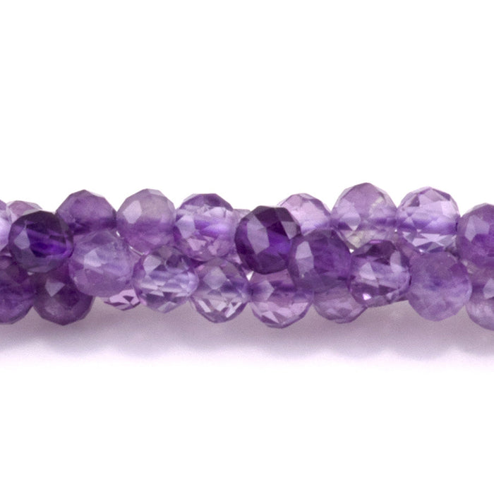 This is a Dakota Stones 3mm Amethyst Gemstone strand with A grade faceted round beads in 15-16 inch strand.