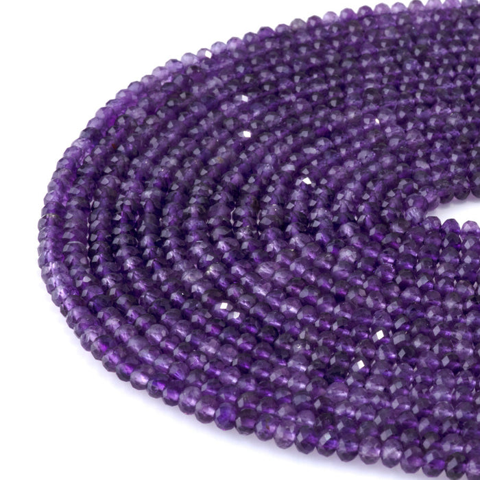 This is a Dakota Stones 3x4mm Amethyst Gemstone strand with A grade faceted rondelle beads in 15-16 inch strand.