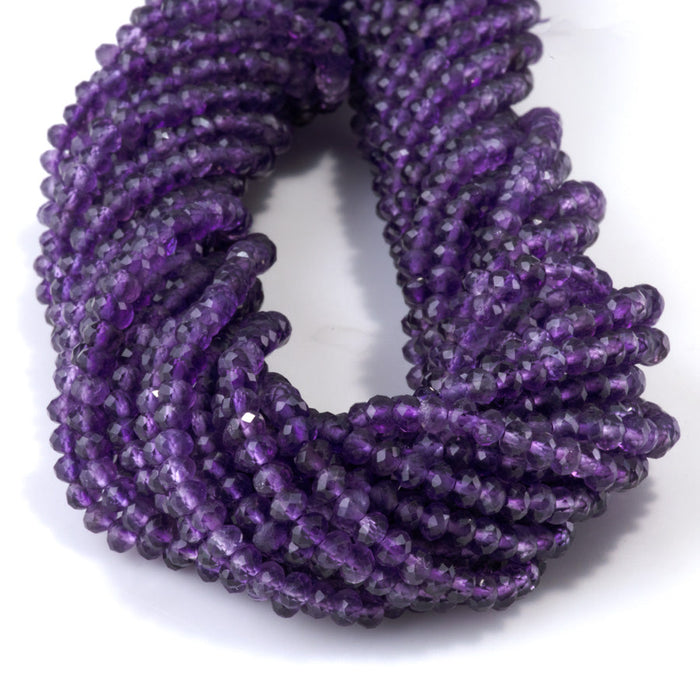 This is a Dakota Stones 3x4mm Amethyst Gemstone strand with A grade faceted rondelle beads in 15-16 inch strand.