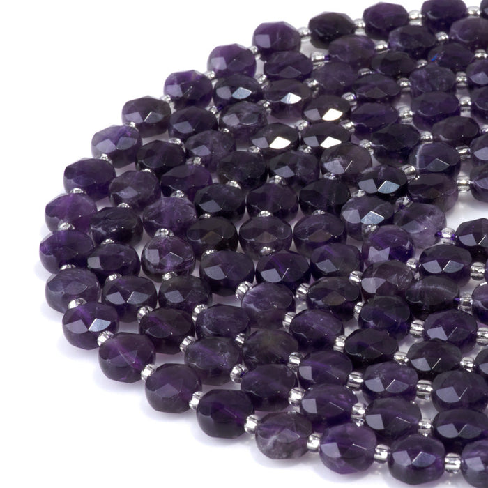 This is a Dakota Stones 8mm Amethyst Gemstone strand with A grade star cut faceted coin beads in 15-16 inch strand.