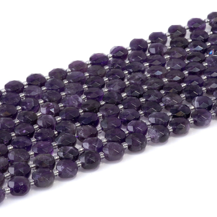This is a Dakota Stones 8mm Amethyst Gemstone strand with A grade star cut faceted coin beads in 15-16 inch strand.