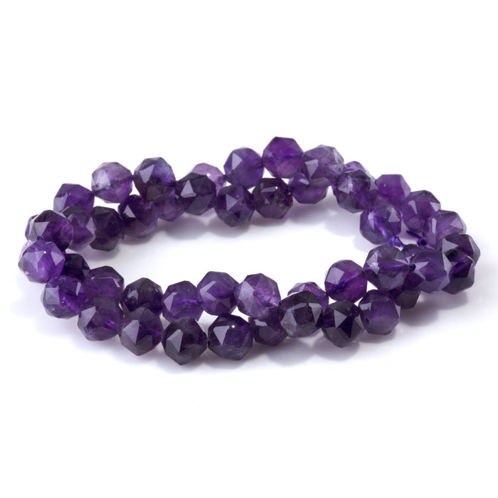 This is a Dakota Stones 8mm Amethyst Gemstone strand with A grade double heart faceted round beads in 15-16 inch strand.