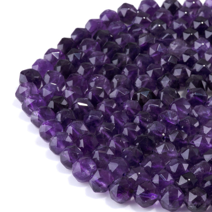 This is a Dakota Stones 8mm Amethyst Gemstone strand with A grade double heart faceted round beads in 15-16 inch strand.