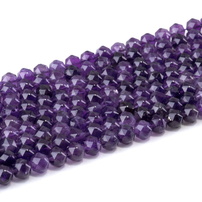 This is a Dakota Stones 8mm Amethyst Gemstone strand with A grade double heart faceted round beads in 15-16 inch strand.