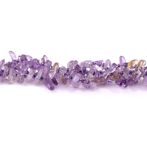 This is a Dakota Stones 5x10-20mm Ametrine Top Drill Teeth Gemstone strand of round beads in 15-16 inch strand.