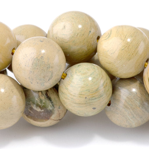 This is a Dakota Stones 10mm Yellow Green Aqua Impression Jasper Gemstone strand with round beads in 15-16 inch strand.