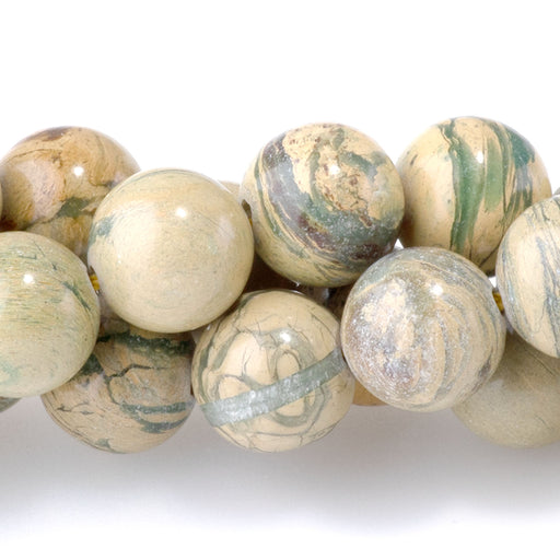 This is a Dakota Stones 8mm Yellow Green Aqua Impression Jasper Gemstone strand with round beads in 15-16 inch strand.