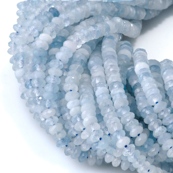 This is a Dakota Stones 2x4mm Aquamarine Gemstone strand with faceted rondelle beads in 15-16 inch strand.