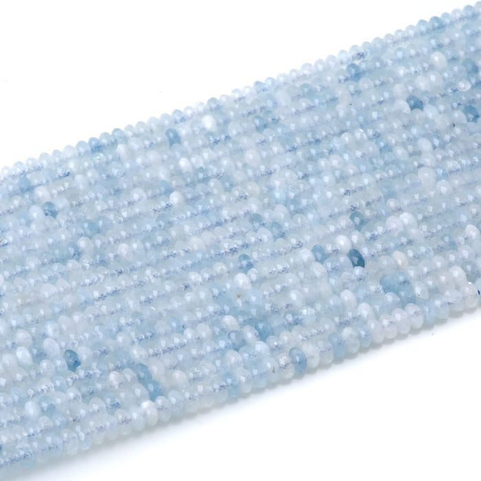 This is a Dakota Stones 2x4mm Aquamarine Gemstone strand with faceted rondelle beads in 15-16 inch strand.