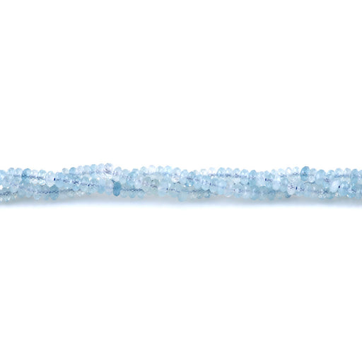 This is a Dakota Stones 2x4mm Aquamarine Thin Gemstone strand with AA grade faceted rondelle beads in 15-16 inch strand.
