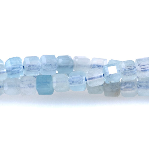 This is a Dakota Stones 3mm Aquamarine Gemstone strand with A grade table-cut cube beads in 15-16 inch strand.