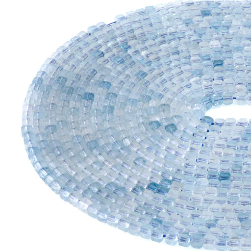This is a Dakota Stones 3mm Aquamarine Gemstone strand with AAA grade table-cut cube beads in 15-16 inch strand.