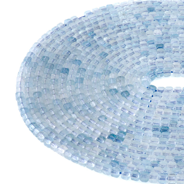 This is a Dakota Stones 3mm Aquamarine Gemstone strand with AAA grade table-cut cube beads in 15-16 inch strand.