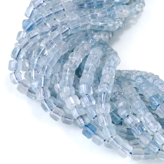 This is a Dakota Stones 3mm Aquamarine Gemstone strand with AAA grade table-cut cube beads in 15-16 inch strand.