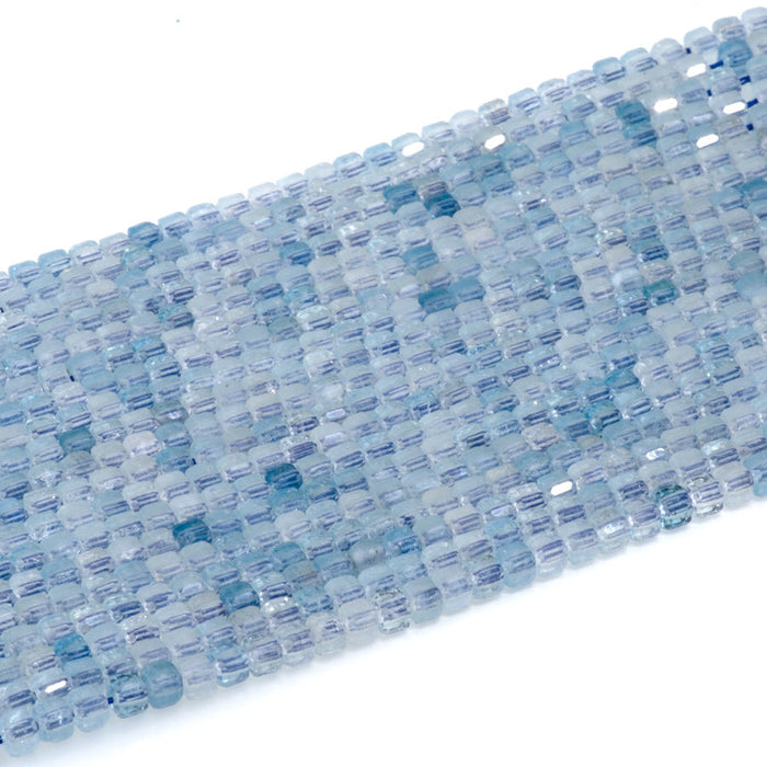This is a Dakota Stones 3mm Aquamarine Gemstone strand with AAA grade table-cut cube beads in 15-16 inch strand.