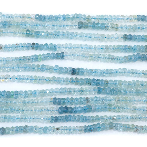 This is a Dakota Stones 3mm Aquamarine Banded Gemstone strand with faceted irregular rondelle beads in 15-16 inch strand.