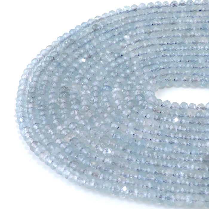 This is a Dakota Stones 3x4mm Aquamarine Gemstone strand with AAA grade faceted rondelle beads in 15-16 inch strand.