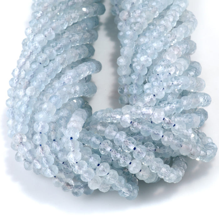 This is a Dakota Stones 3x4mm Aquamarine Gemstone strand with AAA grade faceted rondelle beads in 15-16 inch strand.