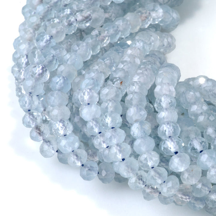 This is a Dakota Stones 3x4mm Aquamarine Gemstone strand with AAA grade faceted rondelle beads in 15-16 inch strand.