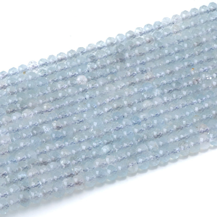 This is a Dakota Stones 3x4mm Aquamarine Gemstone strand with AAA grade faceted rondelle beads in 15-16 inch strand.